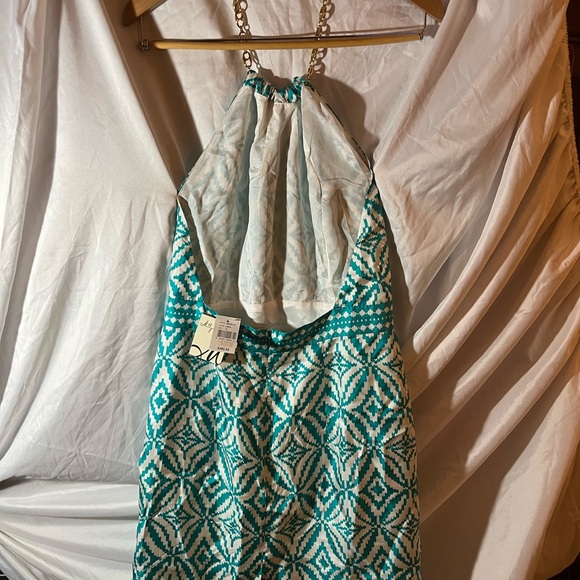 Milly Of New York Silk Dress Backless Chain Halter Sz 10 In Aqua Teal White - Picture 6 of 12